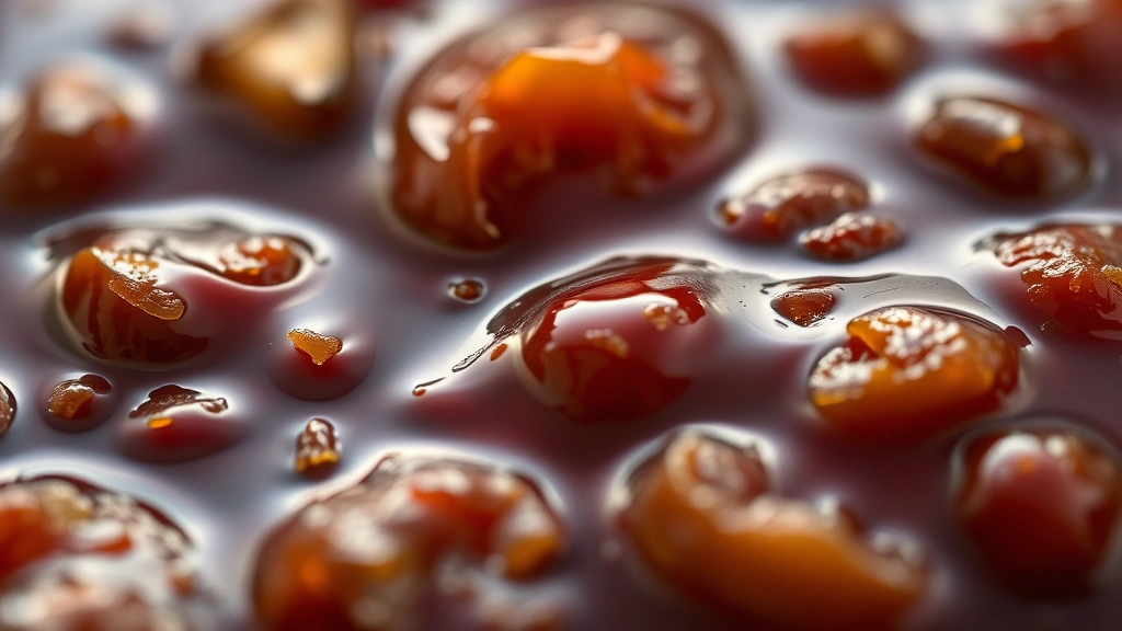 detail: extreme close-up of finished pepper jam texture showing glossy surface with pepper pieces visible, shallow depth of field, natural light highlighting jewel-tone colors, photorealistic, no text