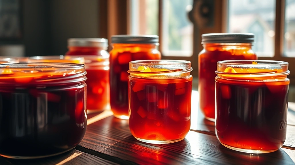 hero: glistening jewel-tone pepper jelly in glass jars with lids on wooden table, natural sunlight streaming through window, gorgeous color variation from red to amber, no text or labels visible