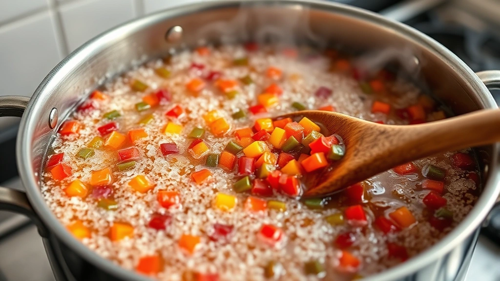 process: large pot of bubbling pepper jelly mixture at rolling boil, steam rising, wooden spoon stirring colorful pepper pieces, close-up of cooking action, professional kitchen lighting, no text