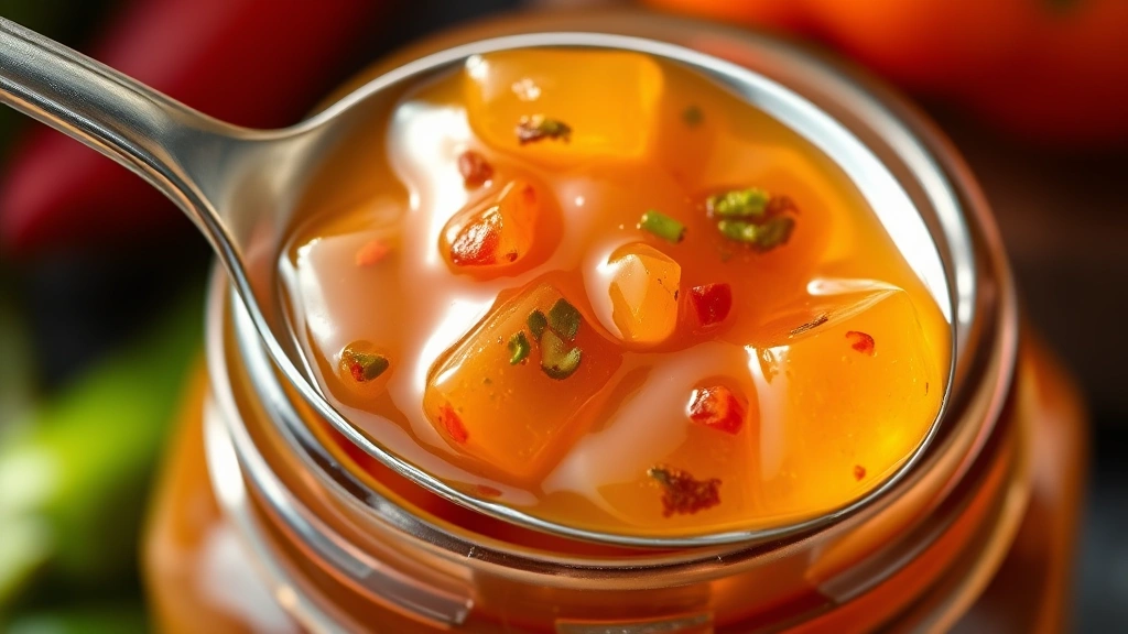 detail: close-up macro shot of finished pepper jelly's glossy gel texture with visible minced pepper pieces suspended throughout, spoon lifting some off jar showing shine and consistency, natural light highlighting jewel tones