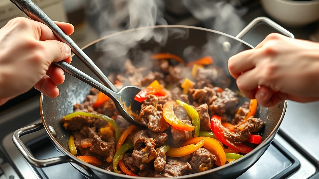 process: hands using wooden spoon to stir beef and peppers in a wok or skillet, steam rising, golden brown beef and colorful vegetables visible, photorealistic, natural kitchen light, no text