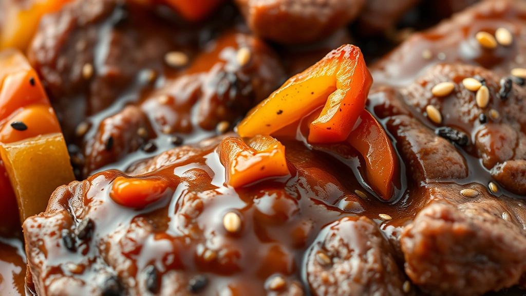 detail: close-up of finished pepper steak showing tender beef slices coated in glossy sauce with caramelized peppers and onions, sesame seeds visible, photorealistic, shallow depth of field, natural light, no text