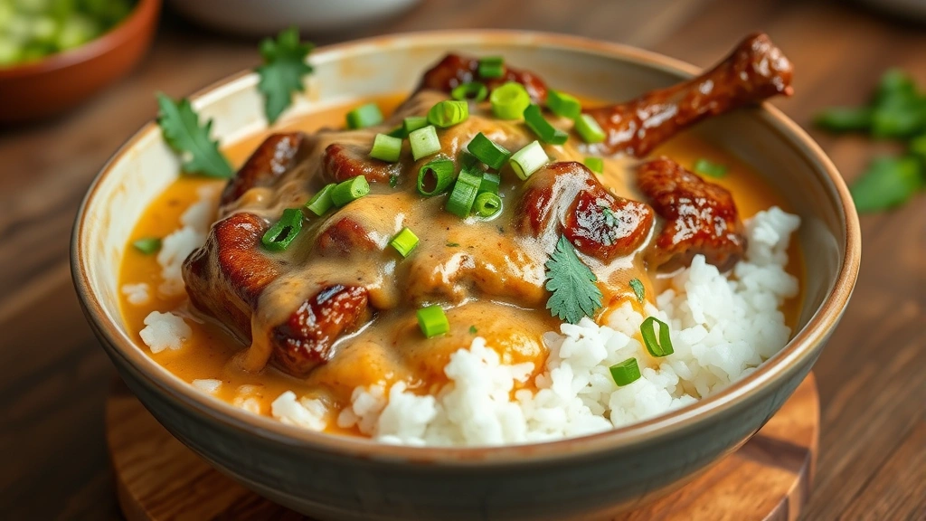 hero: bowl of peppered oxtail with creamy coconut milk sauce, garnished with green onions and cilantro, served over white rice, steaming, photorealistic, natural warm kitchen lighting, no text