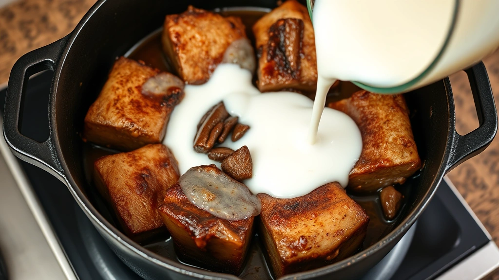 process: deep brown seared oxtail pieces in cast iron pot with caramelized crust, coconut milk being poured in, photorealistic, natural daylight, no text