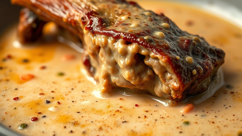 detail: close-up of tender oxtail meat falling off bone in rich creamy sauce with visible pepper specks, garnish visible, photorealistic, natural lighting, no text