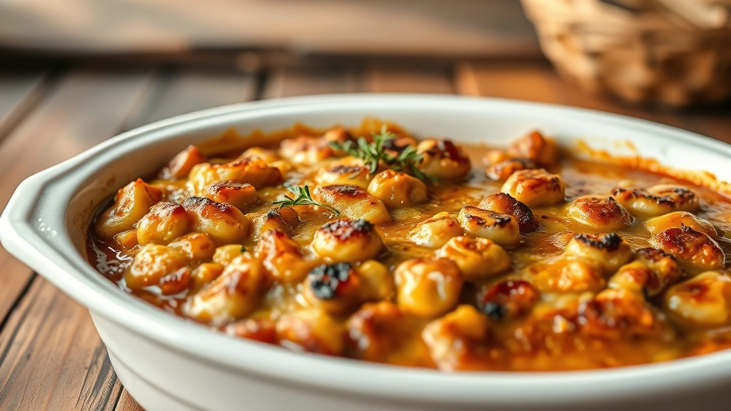 hero: golden-brown dressing in white ceramic baking dish, crispy top, herb garnish, rustic wooden table, warm golden afternoon light, shallow depth of field, no text or watermarks
