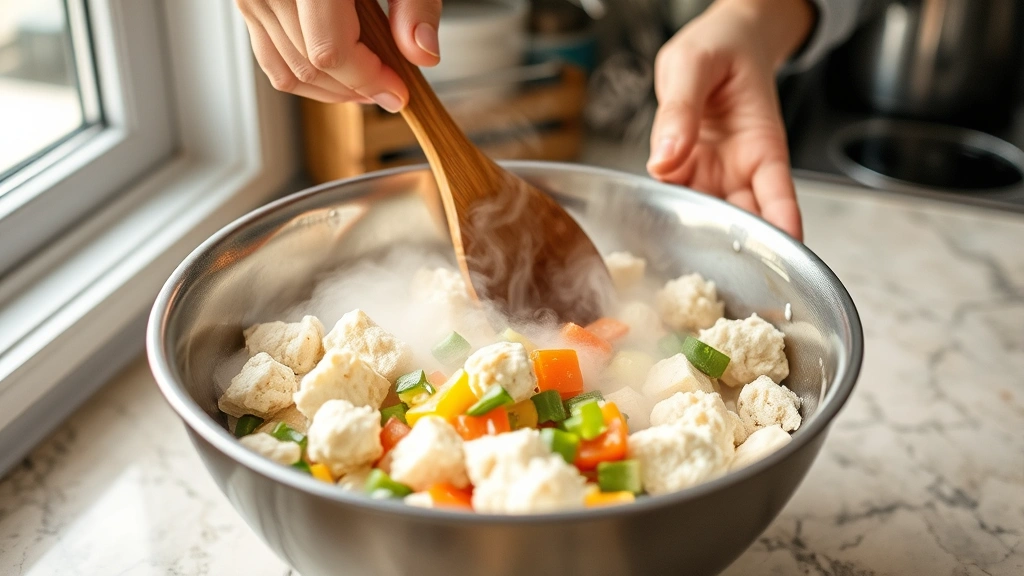 process: hands holding wooden spoon mixing bread and vegetables in large bowl, steam rising, kitchen countertop setting, natural window light, close-up perspective, no text or watermarks