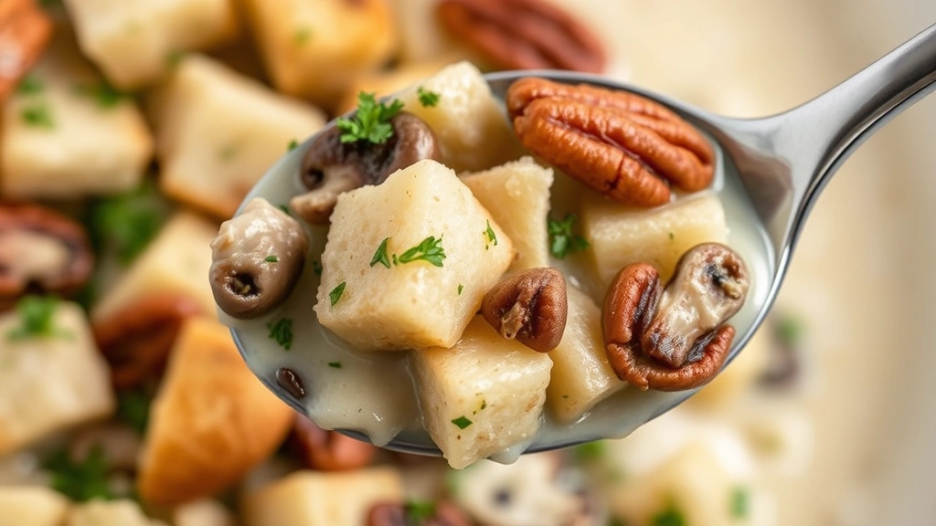 detail: close-up spoonful of finished dressing showing bread cubes, herbs, mushrooms, and pecans, cream-colored background, macro photography, natural lighting, no text or watermarks