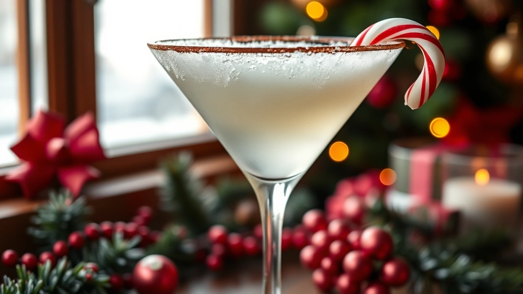 hero: peppermint martini in frosted martini glass with candy cane garnish and chocolate rim, festive holiday setting, natural window light, close-up shot showing texture and frost on glass