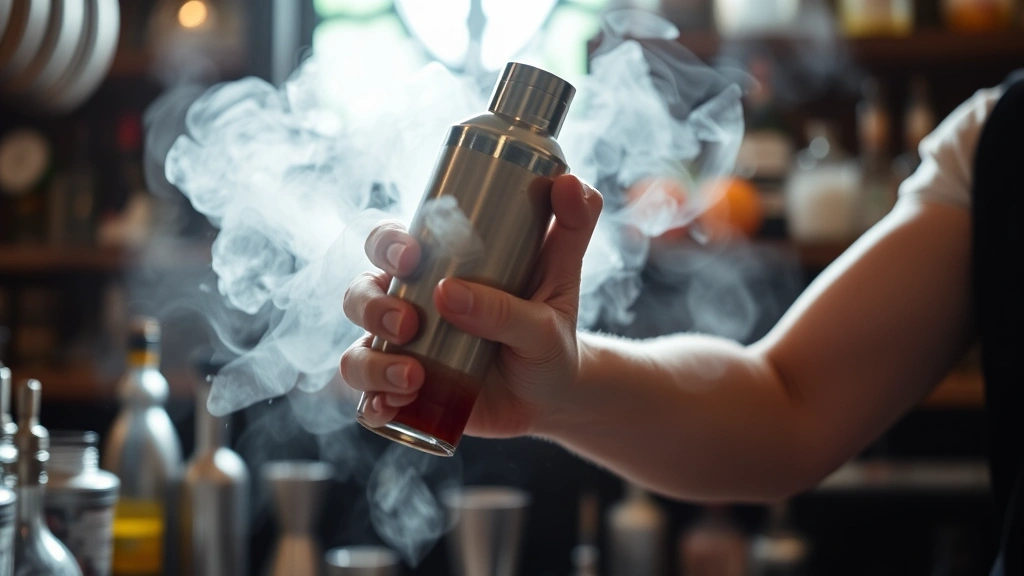 process: hands shaking cocktail shaker with ice, steam or condensation visible, bar setting, natural light from above, dynamic motion capture