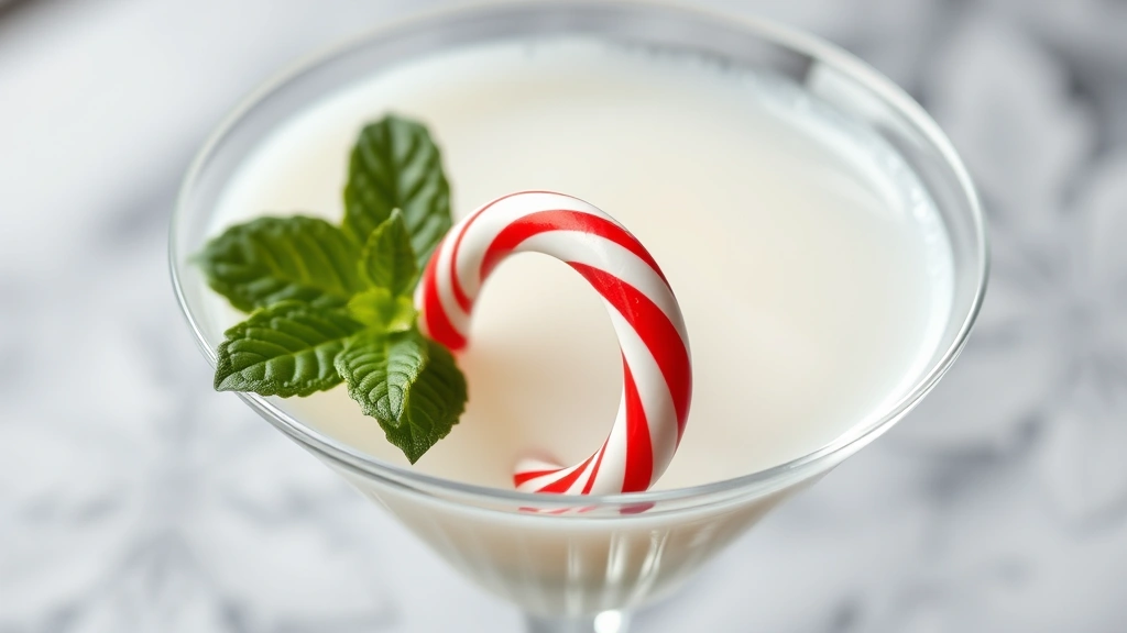 detail: close-up of candy cane garnish on martini glass rim with fresh peppermint leaves, creamy white cocktail visible, shallow depth of field, natural diffused lighting