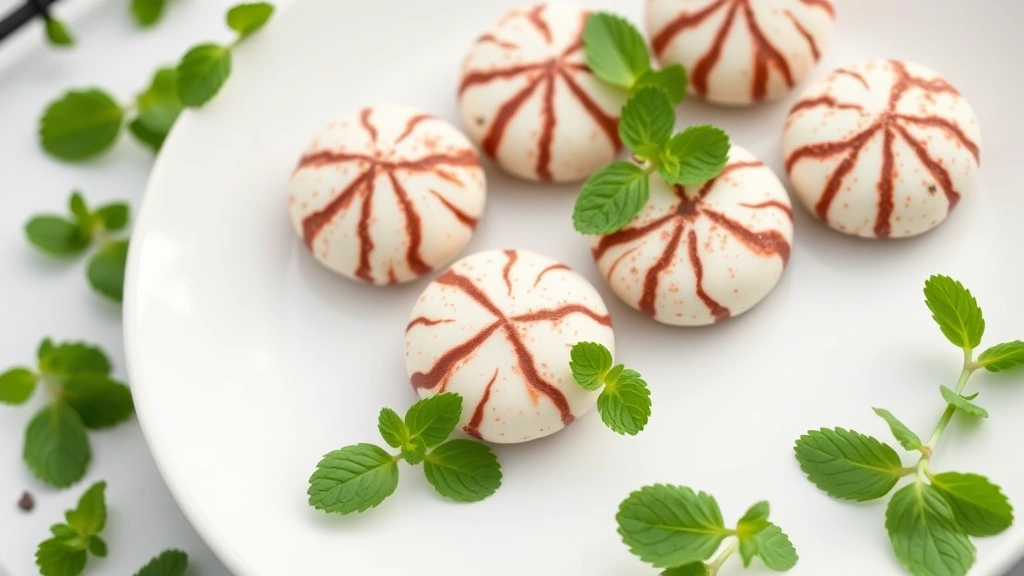 hero: finished peppermint patties arranged on white plate with fresh peppermint leaves, photorealistic, natural window light, no text, close-up overhead shot