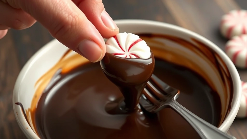 process: hand dipping peppermint patty into melted dark chocolate with fork over bowl, photorealistic, natural light, no text, side angle