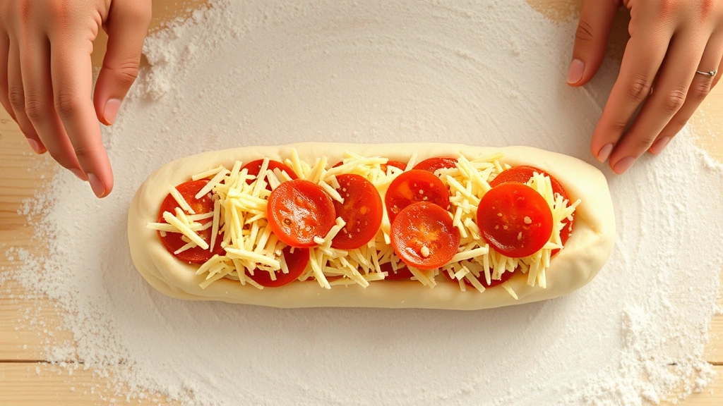 process: hands rolling dough filled with shredded cheese and pepperoni slices into a log shape on floured work surface, photorealistic, bright natural light from above, no text, action shot