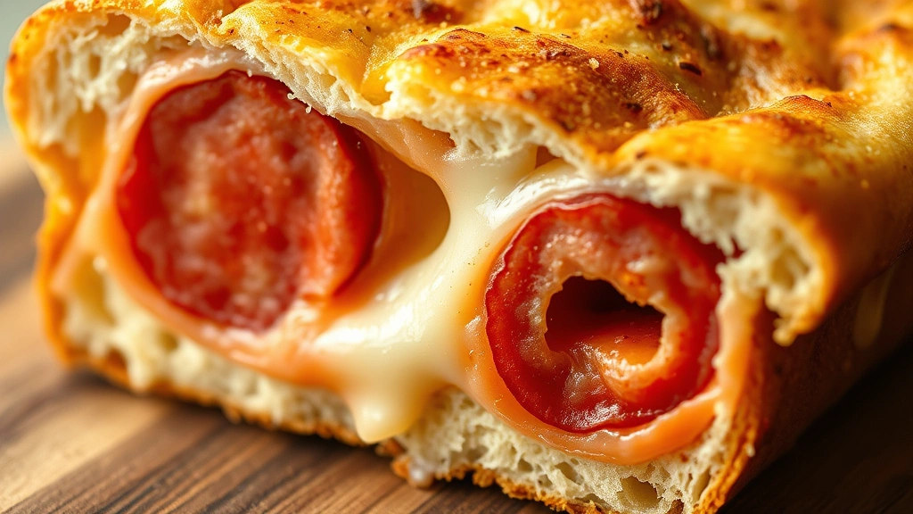 detail: close-up cross-section of sliced pepperoni bread showing stretchy melted cheese, crispy pepperoni edges, and soft interior crumb structure, photorealistic, warm natural light, macro photography, no text