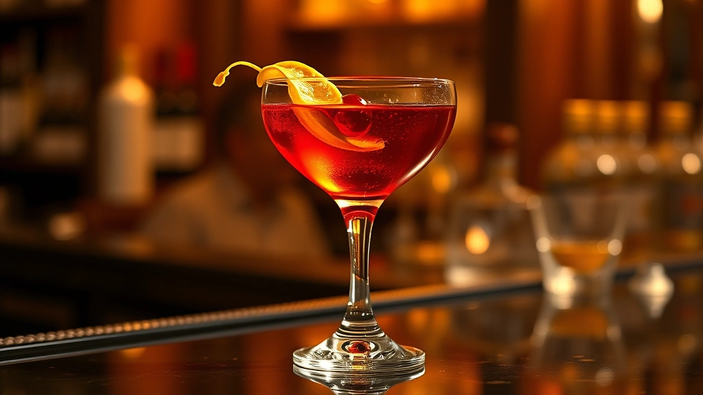 hero: finished Manhattan cocktail in coupe glass with luxardo cherry garnish and lemon twist, warm golden lighting, elegant bar setting, photorealistic, natural light, no text