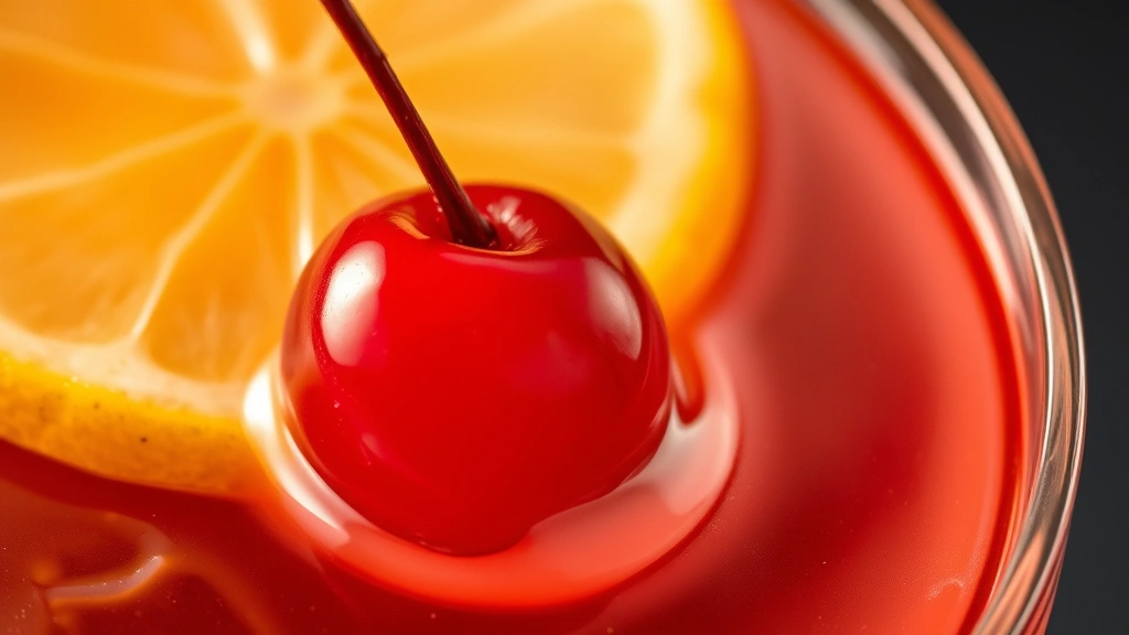 detail: close-up of luxardo cherry garnish and lemon twist oil expression over Manhattan cocktail surface, photorealistic, natural light, no text