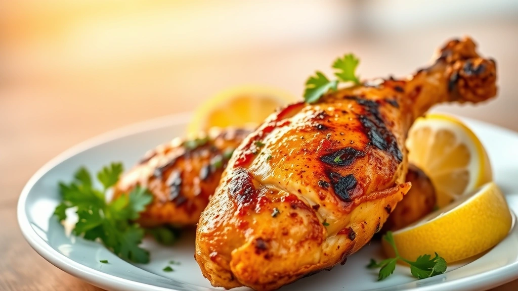 hero: golden-charred peri peri chicken on white plate with lemon wedges and fresh cilantro garnish, photorealistic, golden hour natural light, no text