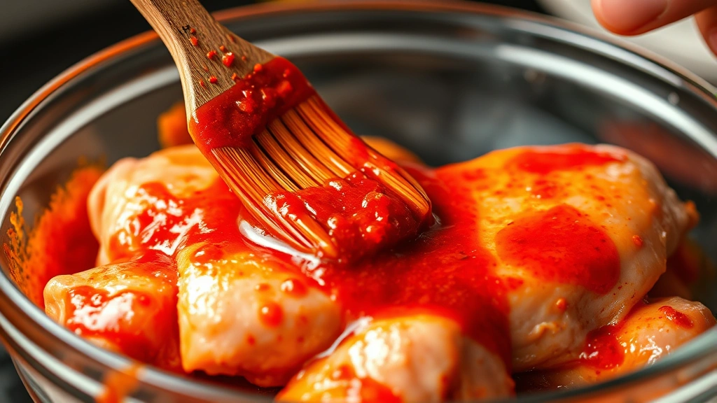 process: chicken being brushed with vibrant red peri peri marinade in glass bowl, close cooking action shot, photorealistic, bright natural light, no text