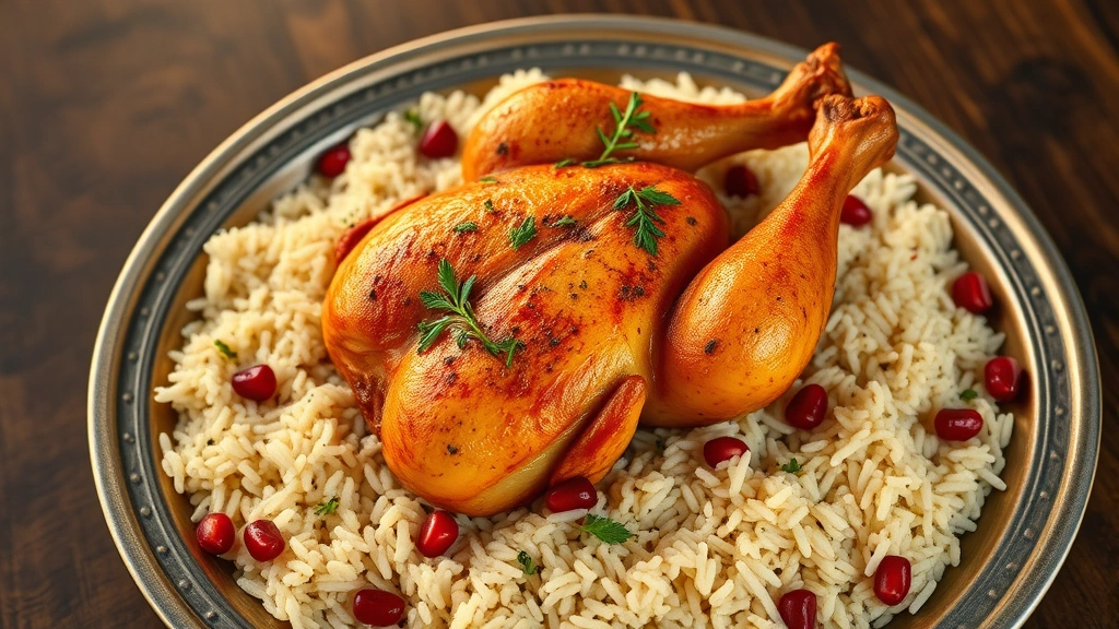 hero: finished Persian chicken dish with golden skin, served on a platter with aromatic basmati rice, garnished with fresh herbs and pomegranate seeds, warm golden hour lighting, flat lay composition, no text