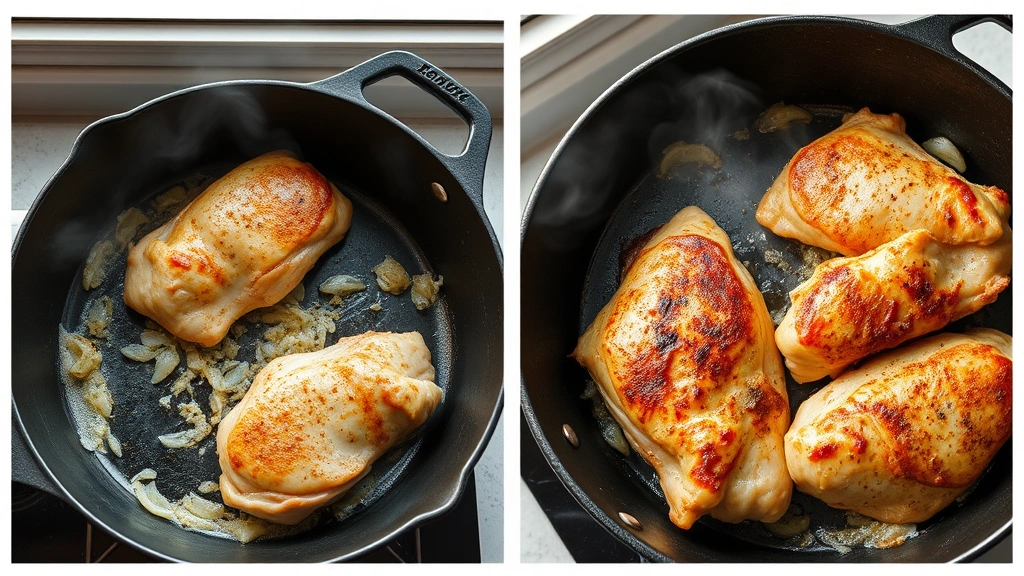 process: chicken thighs searing in cast iron skillet with golden crispy skin, onions and spices visible, steam rising, natural kitchen window light, overhead shot, no text