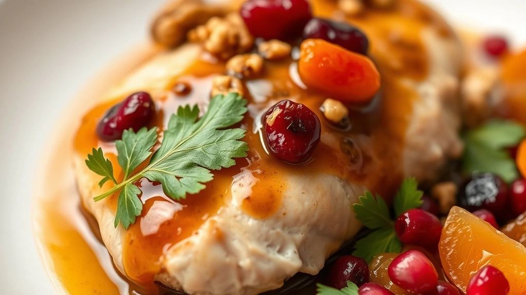 detail: close-up macro shot of a single piece of chicken with sauce, walnuts, dried apricots and cranberries, fresh cilantro and pomegranate seeds, shallow depth of field, natural diffused light, no text