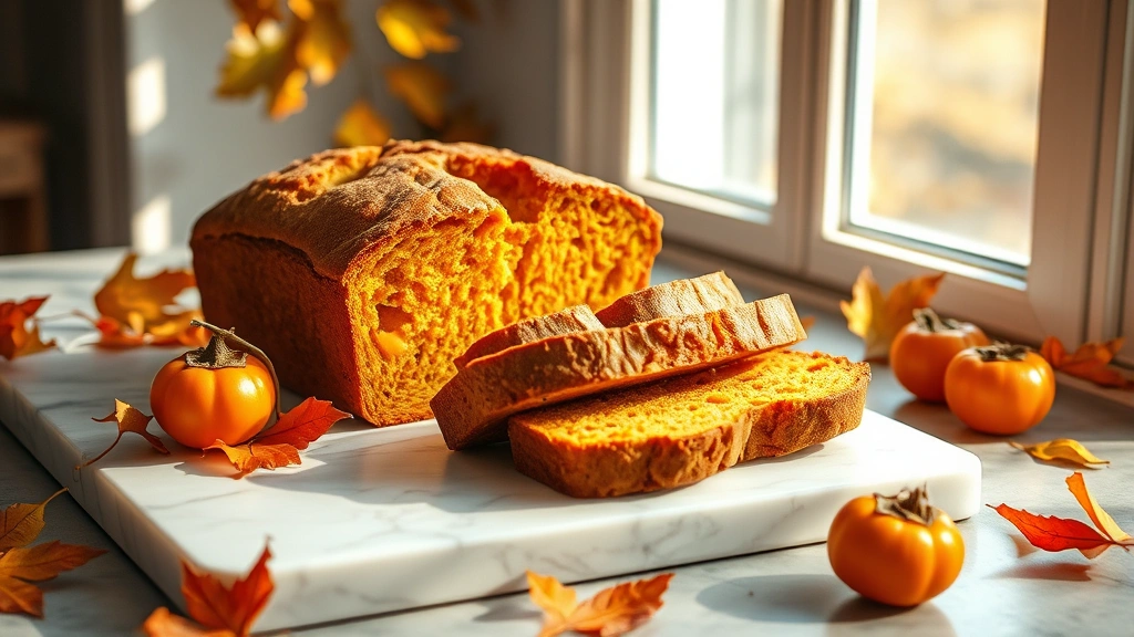 hero: golden-brown persimmon bread loaf sliced on a white marble board, warm natural sunlight streaming through a window, autumn leaves and persimmons scattered nearby, photorealistic, no text