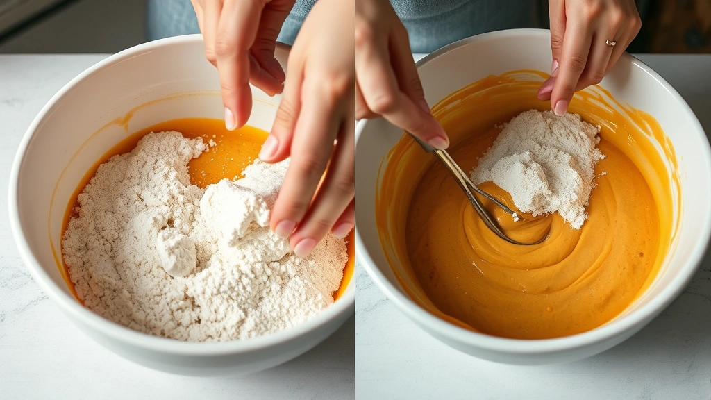 process: hands folding dry ingredients into persimmon batter in a white ceramic bowl, batter visible with persimmon color, natural kitchen lighting, photorealistic, no text