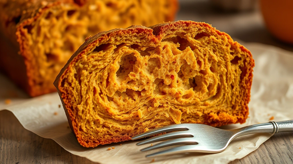 detail: close-up cross-section of persimmon bread slice showing moist crumb structure and warm spice color, sitting on parchment paper with a fork nearby, photorealistic, natural lighting, no text