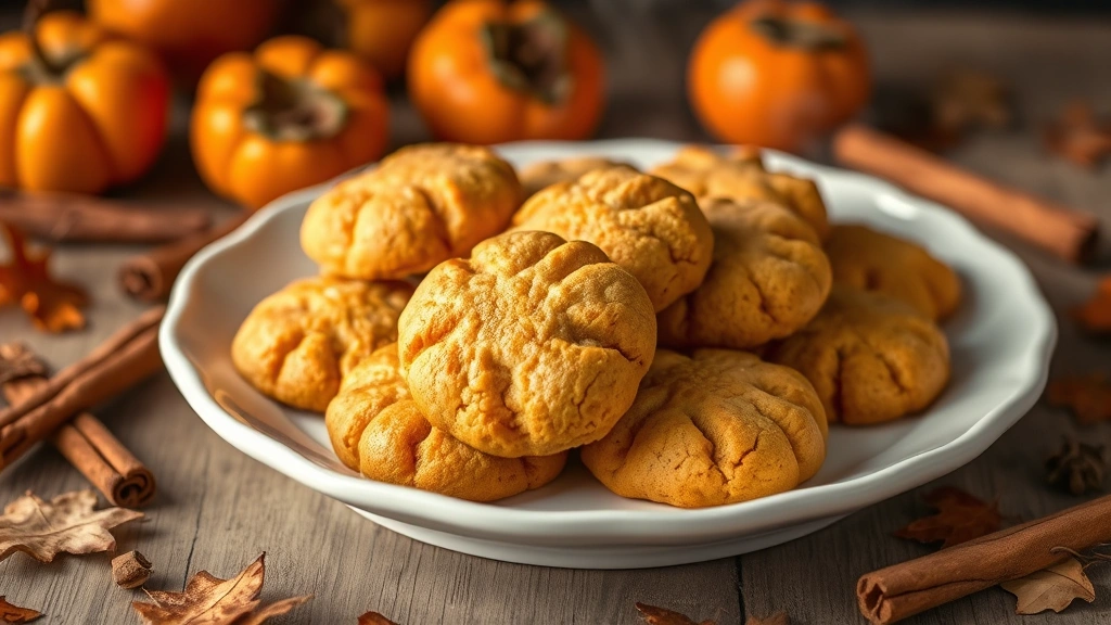 hero: golden persimmon cookies arranged on a white ceramic plate, soft warm lighting from left side, steam rising from freshly baked cookies, autumn background with scattered cinnamon sticks and whole persimmons, photorealistic, no text