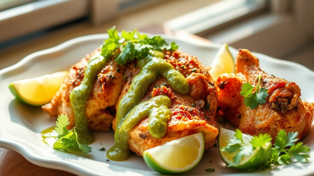 hero: golden crispy roasted peruvian chicken with bright green aji verde sauce drizzled over top, served on a white ceramic platter with lime wedges and fresh cilantro garnish, natural daylight from window, vibrant colors, appetizing presentation