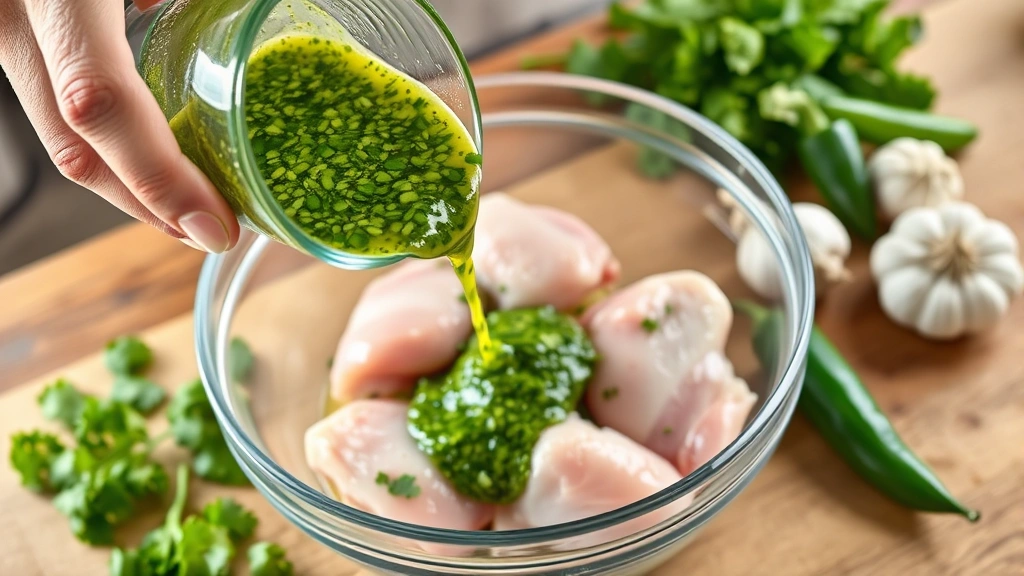 process: hands pouring bright green cilantro-based marinade over raw chicken pieces in glass bowl, fresh jalapeños and garlic visible nearby, natural kitchen lighting, professional food photography style