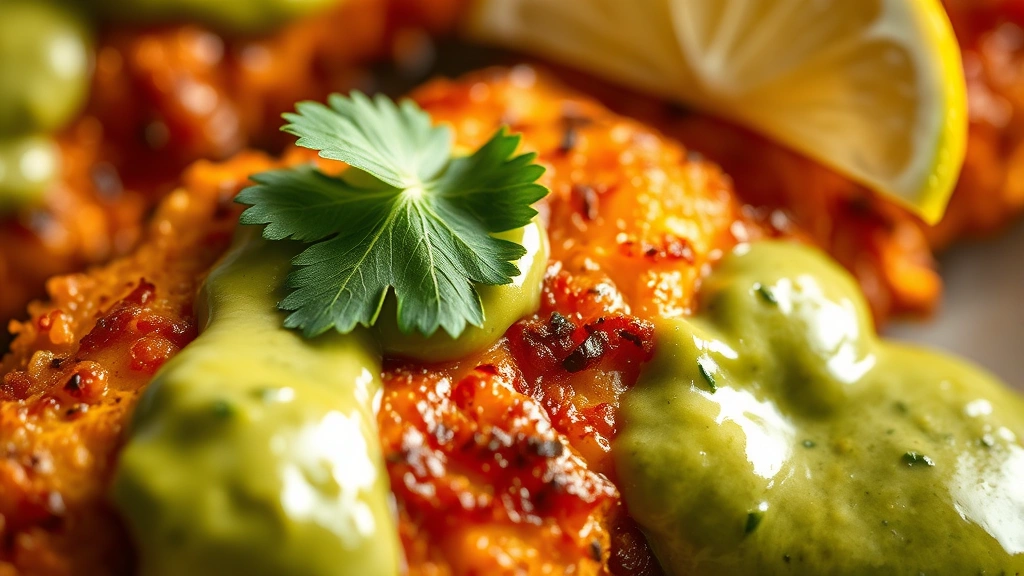 detail: close-up of crispy golden chicken skin with creamy green aji verde sauce, lime wedge and fresh cilantro leaf on top, shallow depth of field, warm natural lighting highlighting the texture and color contrast