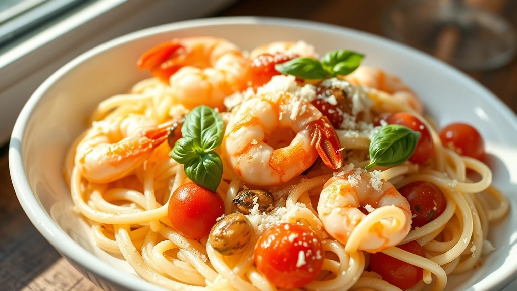 hero: creamy white wine pasta with large shrimp and cherry tomatoes, garnished with fresh basil and parmesan, served in a shallow white bowl, photorealistic, natural daylight streaming from left, no text visible