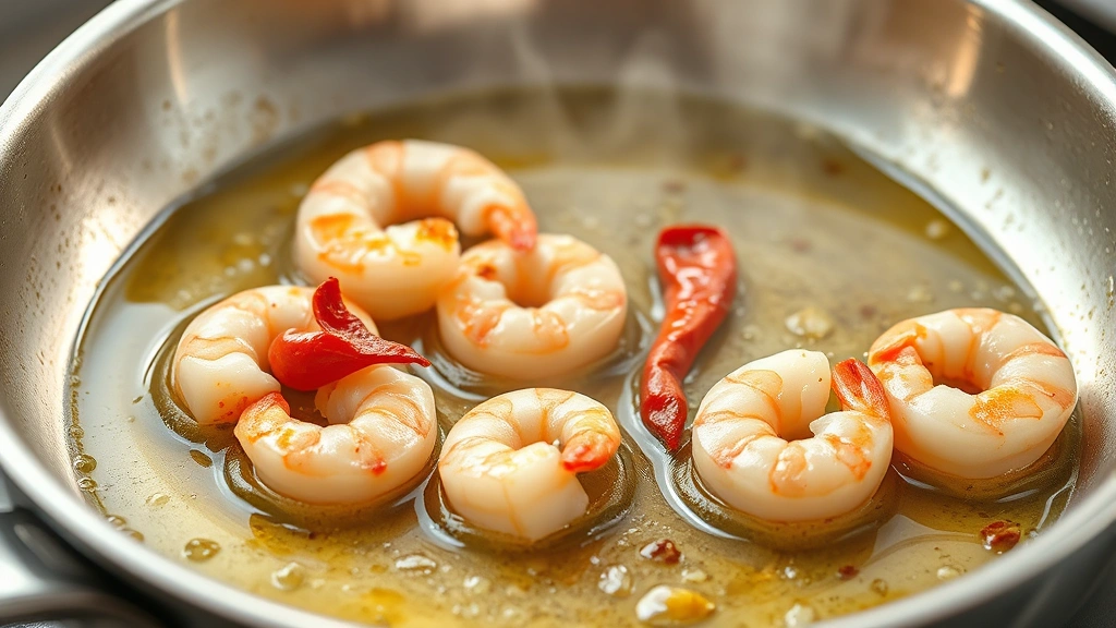 process: shrimp searing in butter and olive oil in stainless steel skillet creating golden crust, steam rising, garlic and red pepper flakes visible, photorealistic, natural kitchen lighting, no text