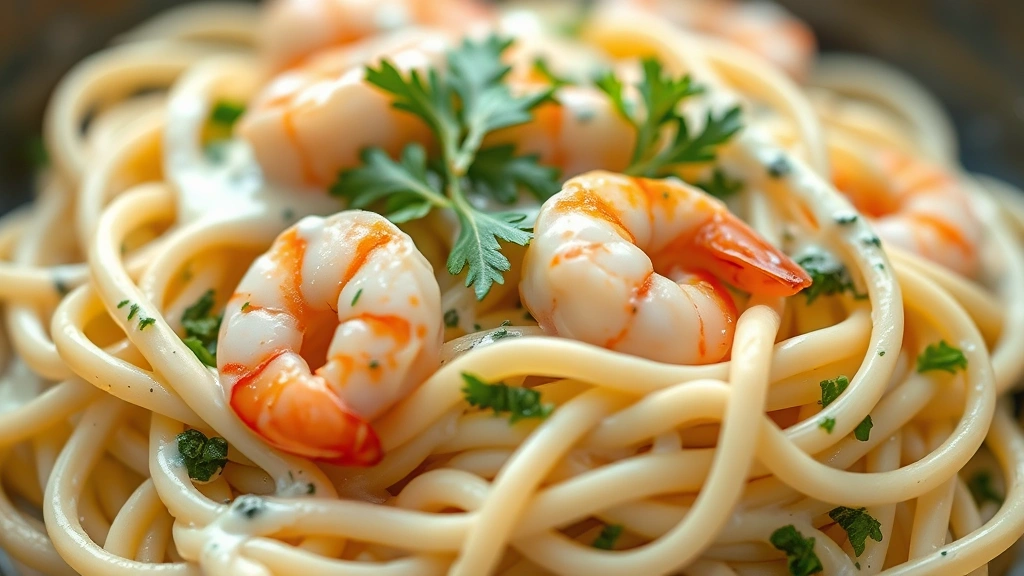 detail: close-up of fettuccine pasta coated in silky white cream sauce with tender shrimp and fresh green herbs, shallow depth of field showing sauce clinging to noodles, photorealistic, warm natural light, no text