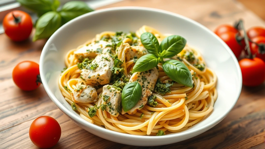hero: creamy pesto chicken pasta in a white bowl, fresh basil leaves garnish, cherry tomatoes, golden pasta, photorealistic, natural window light, no text
