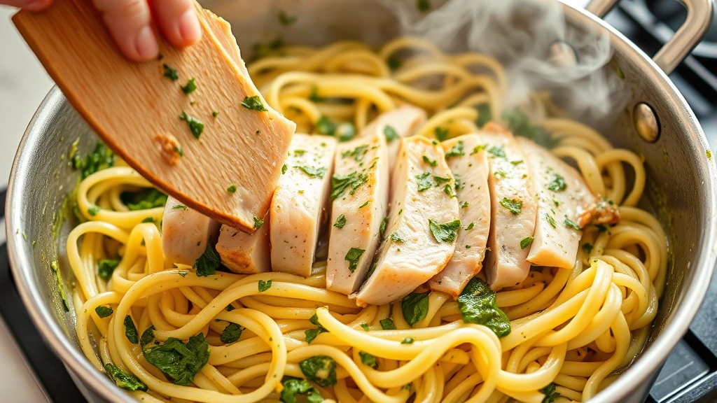 process: sliced chicken breast being added to pasta with pesto sauce in a large skillet, steam rising, photorealistic, bright kitchen light, no text