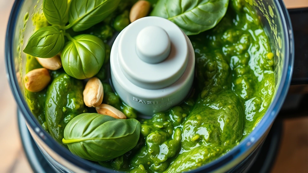 detail: close-up of fresh basil leaves and pine nuts in a food processor, vibrant green pesto, photorealistic, macro photography, natural light, no text