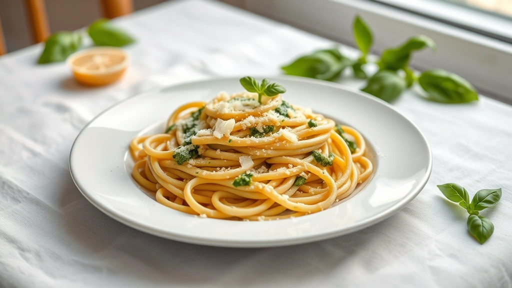 hero: creamy pesto pasta on white plate with fresh basil garnish and parmesan, photorealistic, natural window light, no text, styled on white linen tablecloth