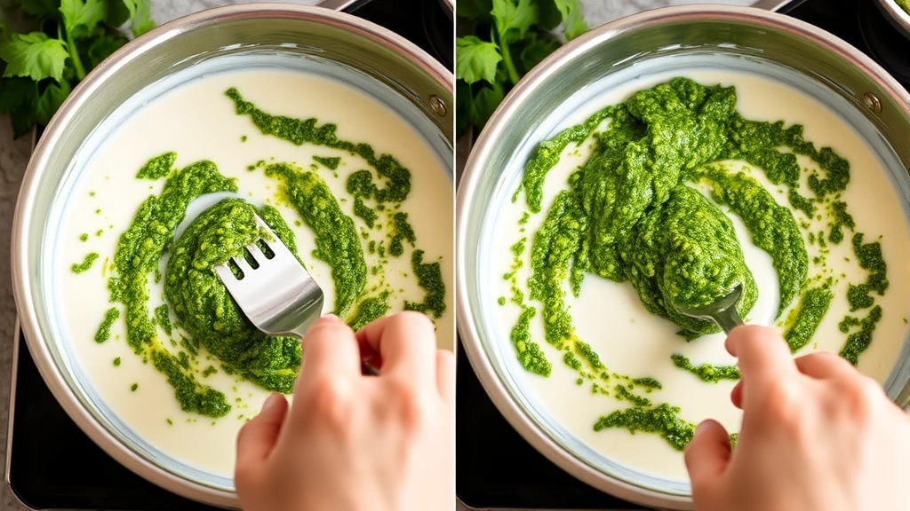 process: hand stirring vibrant green pesto into white cream sauce in stainless steel pan, photorealistic, natural kitchen light, no text