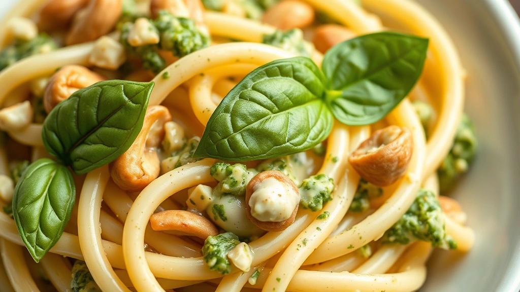detail: close-up of pasta coated in silky pesto cream sauce with pine nuts and basil leaf, photorealistic, macro photography, natural light, no text