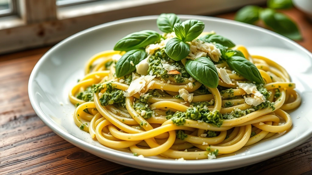 hero: vibrant green pesto pasta with fresh basil leaves garnish and Parmigiano-Reggiano shavings, creamy sauce coating fettuccine noodles, rustic white plate, photorealistic, natural daylight from window, no text