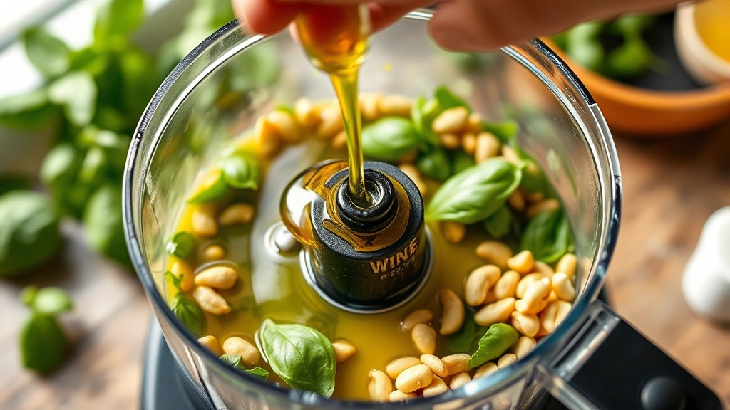 process: hand drizzling golden olive oil into food processor with fresh basil and pine nuts, dynamic action shot, photorealistic, bright natural lighting, no text