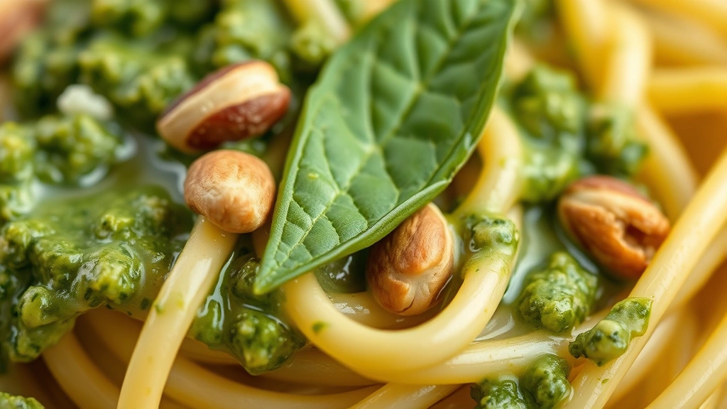 detail: close-up macro of silky pesto sauce coating fresh pasta strands with pine nuts and basil leaf visible, shallow depth of field, photorealistic, warm natural light, no text