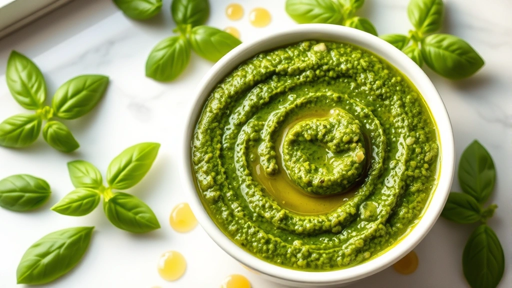 hero: vibrant green walnut pesto in a white ceramic bowl with fresh basil leaves scattered around it, creamy texture visible, drizzle of golden olive oil, natural window light, no text, styled on light marble surface