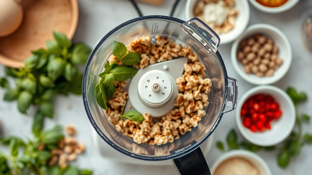 process: food processor mid-pulse with basil and walnuts, lid slightly visible, ingredients in small bowls nearby, bright kitchen lighting, overhead angle, no text, fresh ingredients scattered around