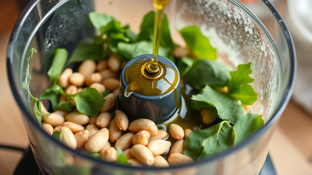 process: food processor containing partially processed basil and nuts, olive oil being drizzled in, close-up side angle, natural kitchen lighting, no text or watermarks