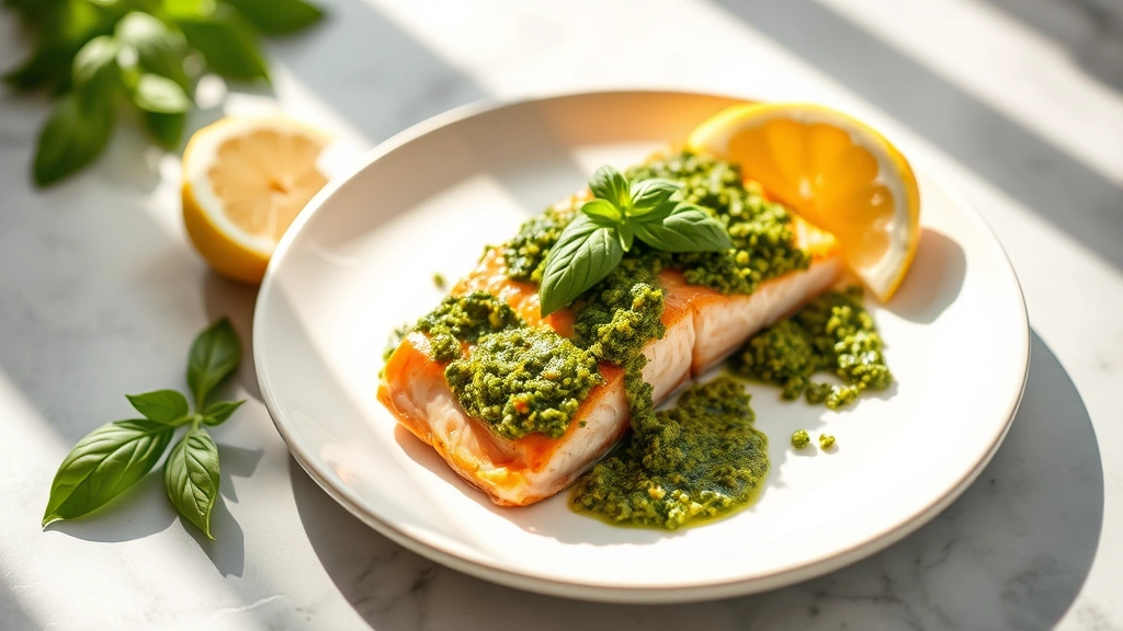 hero: plated pesto salmon fillet with vibrant green basil pesto topping, lemon wedges on the side, natural daylight streaming across plate, shallow depth of field, elegant presentation, no text