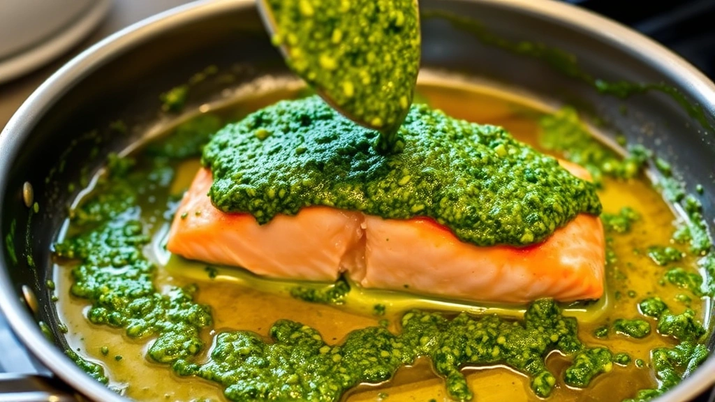 process: salmon fillet being topped with bright green pesto in oven-safe skillet, basil leaves visible in pesto, mid-cooking stage, warm kitchen lighting, close-up angle, no text